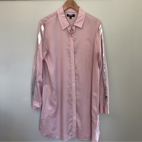 DKNY | Button Down Long Sleeve Pink Shirt Dress w/ Silver Accents & Pockets - Picture 7 of 16